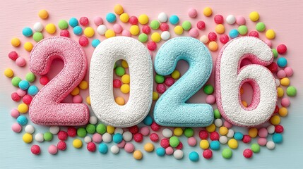 Colorful candy sprinkles forming the number "2026" on a soft pastel background, creating a fun and festive design ideal for celebrations and special occasions.