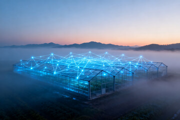 A futuristic greenhouse illuminated with blue light networks at dawn, surrounded by mist and mountains.
