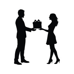Silhouette of a man offering a gift to a woman in an elegant dress, couple exchanging gifts silhouette vector illustration