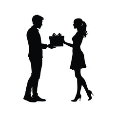 Elegant couple exchanging a gift in silhouette, romantic moment of generosity, couple exchanging gifts silhouette vector illustration