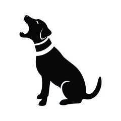 Silhouette of a barking black dog with white collar against white background, dog barking silhouette vector illustration