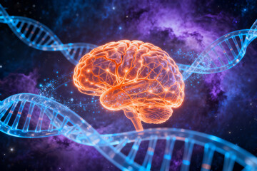 Neural network visualization with DNA strands in cosmic background