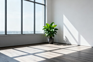 Minimalist room with large window, potted plant, and natural light casting shadows on wooden floor