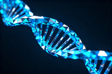 A glowing blue DNA double helix structure with a crystalline appearance against a dark background