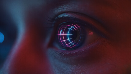 Intriguing close-up of an eye, digital grid reflected in the iris, symbolizing technology's influence, with a cool and futuristic atmosphere.