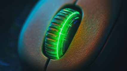 Close-up of a computer mouse with a glowing green scroll wheel, symbolizing high-tech precision and cutting-edge design.