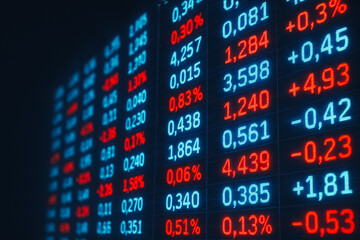 The fluctuating digital display, reflecting market dynamics, symbolizes the volatility of the stock market with a backdrop of numerical data and financial metrics.