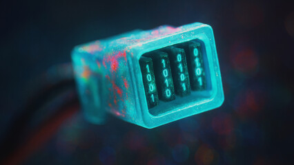 A futuristic depiction of a digital security code lock. The lock features binary digits, showcasing the cutting-edge technology and concept of data security. 