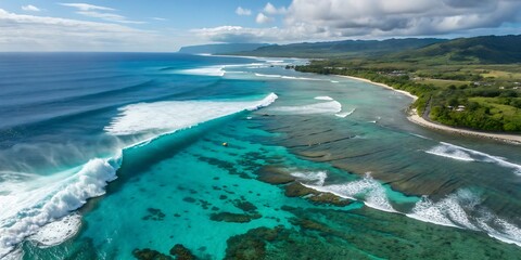 Aerial view of a tropical coastline with turquoise water, coral reefs, and breaking waves under a cloudy sky.