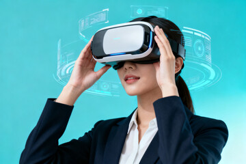 Woman wearing virtual reality headset with digital interface overlay