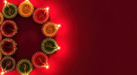 Vibrant diwali diyas illuminate festive celebration with warm glow and deep red hues illustration