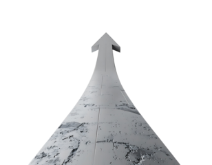 A stylized upward-pointing arrow, set against a black background, with a textured, light gray surface