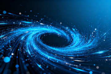 Abstract blue spiral with glowing particles and light trails forming a vortex-like pattern