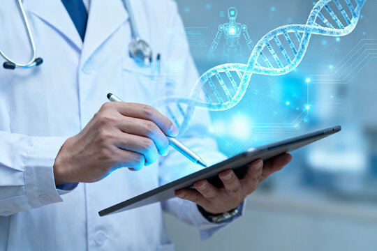 Medical professional using digital tablet with DNA strand visualization in healthcare setting - Powered by Adobe