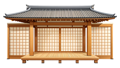Traditional Japanese wooden building.  Front view of a  structure with a  tiled roof, wooden pillars, and  sliding screens.  A veranda extends across the front