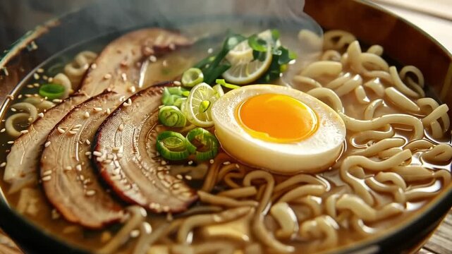 Ramen Bowl with King Oyster Mushrooms and Soft-Boiled Egg Close-Up
