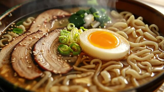 Ramen Bowl with King Oyster Mushrooms and Soft-Boiled Egg Close-Up