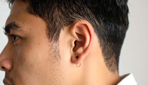 Close-up profile of a young man with short dark hair, wearing a small hoop earring in his right ear