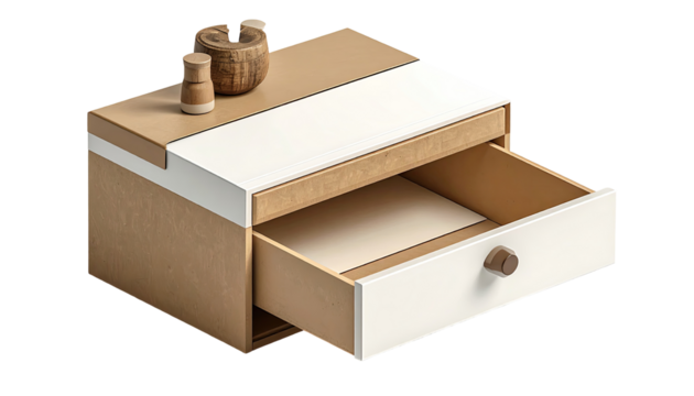 Light brown and white bedside cabinet with open drawer