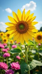 Fototapeta premium Large sunflower dominates pink wildflowers, sunny day , sun, yellow