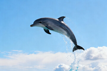 Dolphin leaping out of the water against a clear blue sky