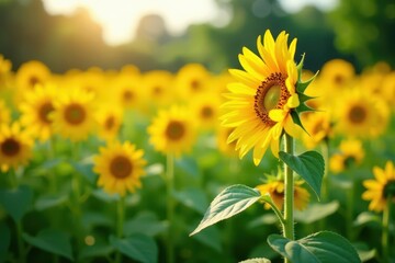 Upright sunflower in a sea of drooping sunflowers, sunlit field , stock photo, drooping, sunlit