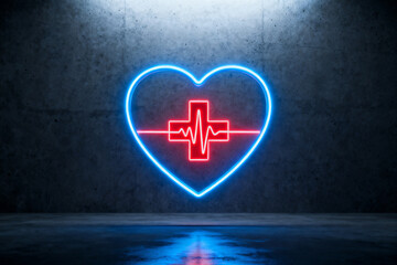 Neon heart with medical cross and heartbeat line glowing on a dark concrete wall