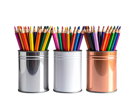 Colorful pencils in metallic containers - Powered by Adobe