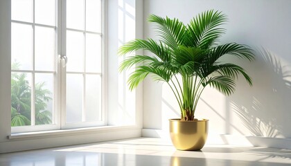 Indoor palm plant in golden pot near sunlit window—shadows cast on white tiled floor—evokes crafted elegance, symbolic stillness, and the rhythm of nature, light, and refined interior calm.
