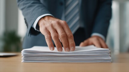 Professional business setting with a man's hand reaching for a stack of paperwork on a wooden desk in a modern office environment