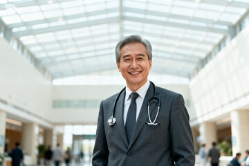 Senior male doctor in formal attire with stethoscope standing in a modern hospital hallway