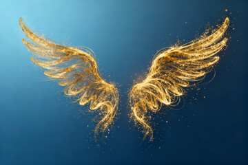 Golden angel wings with sparkling particles on a blue background