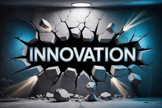 Word Innovation Breaking Through Cracked Concrete Wall with Dramatic Lighting text