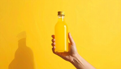 Hand holding clear glass bottle of yellow-orange juice against solid yellow backdrop—evokes crafted vitality, symbolic refreshment, and the rhythm of grip, glow, and portable energy.