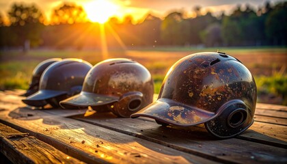 Three baseball helmets on wood surface at sunset—shiny, reflective, and worn camouflage—set against grassy field and trees—evokes crafted contrast, symbolic legacy, and the rhythm of sport, time, and 