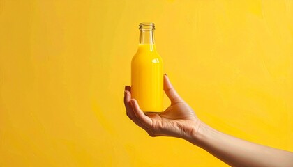 Hand holding clear glass bottle of yellow-orange juice against solid yellow backdrop—evokes crafted vitality, symbolic refreshment, and the rhythm of grip, glow, and portable energy.