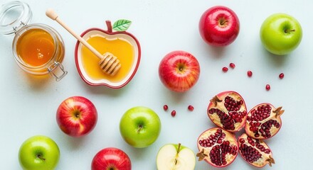 Apples honey pomegranate seeds and dipper for rosh hashanah holiday feast illustration