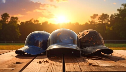 Three baseball helmets on wood surface at sunset—shiny, reflective, and worn camouflage—set against grassy field and trees—evokes crafted contrast, symbolic legacy, and the rhythm of sport, time, and 