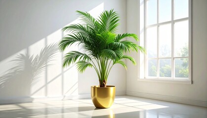 Indoor palm plant in golden pot near sunlit window—shadows cast on white tiled floor—evokes crafted elegance, symbolic stillness, and the rhythm of nature, light, and refined interior calm.