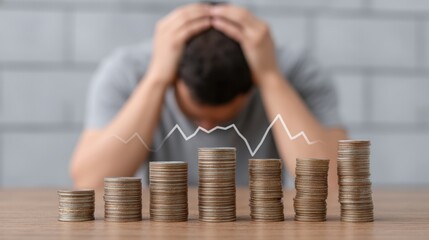 Stressed individual with head in hands surrounded by stacks of coins showing financial decline represented by a fluctuating graph on the wall.