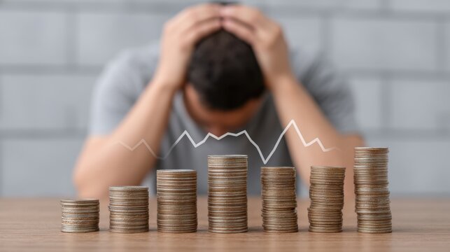 Stressed individual with head in hands surrounded by stacks of coins showing financial decline represented by a fluctuating graph on the wall.