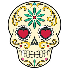 Classic White Sugar Skull with Hearts and Floral Ornaments  Vector