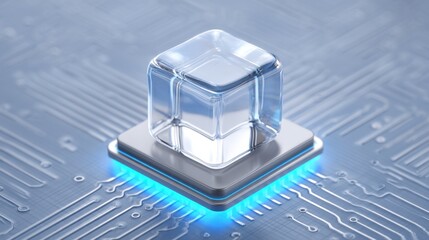 Transparent cube on microprocessor with glowing blue light representing technology innovation and data processing in digital environment