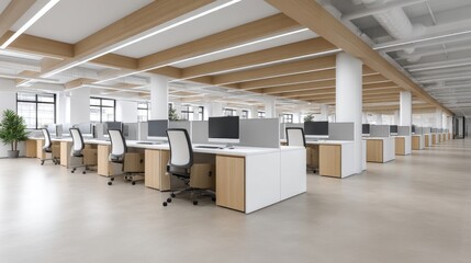 Modern and Spacious Office Environment Featuring Desks, Chairs, Computer Stations, and Minimalist Design Elements with Natural Light