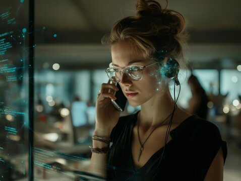 Woman connecting with technology, analyzing data in a futuristic office - Powered by Adobe