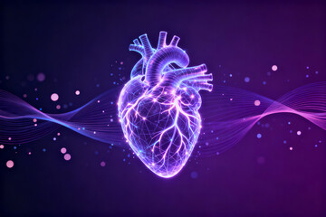 Digital illustration of a human heart with glowing neural network patterns on a purple background