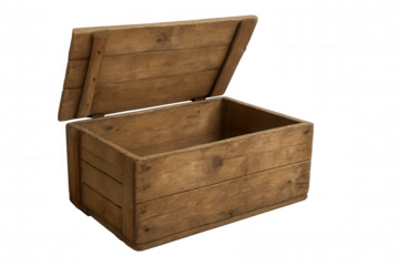 Old wooden treasure chest with open lid, empty rustic storage crate, vintage wood box on transparent background