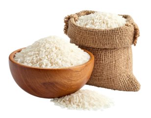 White rice in a wooden bowl and burlap sack (1)