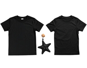 Two black blank t-shirts, one with a starfish and small round object