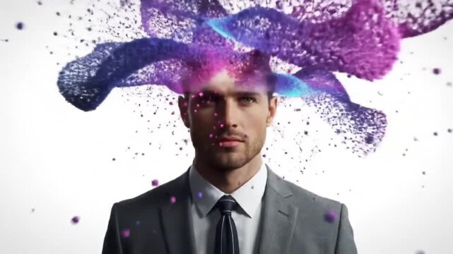 Businessman's head explodes with glowing particles symbolizing creative ideas